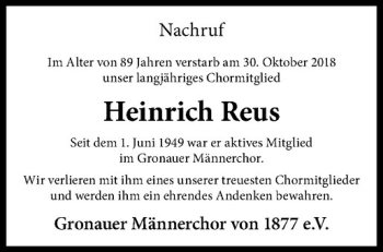 Anzeige von Heinrich Reus von Westfälische Nachrichten