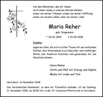 Anzeige von Maria Reher von Westfälische Nachrichten