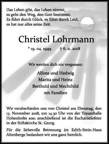 Anzeige von Christel Lohrmann von Westfälische Nachrichten