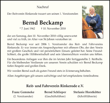 Anzeige von Bernd Beckamp von Westfälische Nachrichten