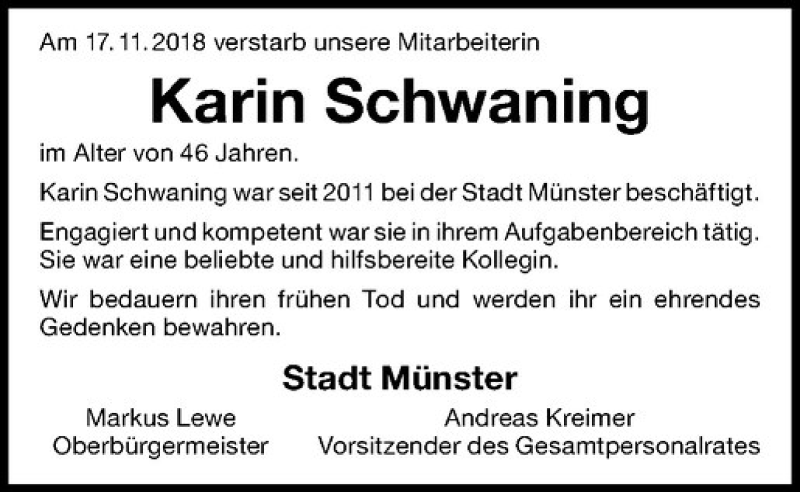  Traueranzeige für Karin Schwaning vom 21.11.2018 aus Westfälische Nachrichten