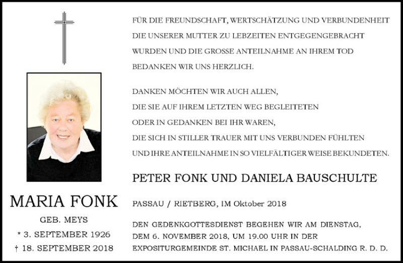  Traueranzeige für Maria Fonk vom 03.11.2018 aus Westfälische Nachrichten