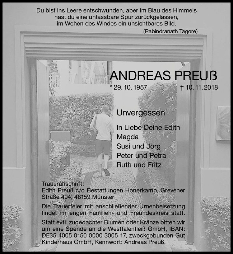  Traueranzeige für Andreas Preuß vom 17.11.2018 aus Westfälische Nachrichten