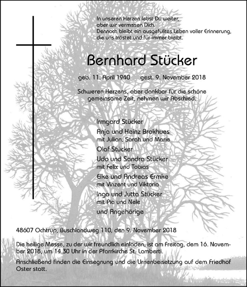  Traueranzeige für Klaus Liening vom 13.11.2018 aus Westfälische Nachrichten