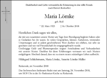 Anzeige von Maria Lömke von Westfälische Nachrichten