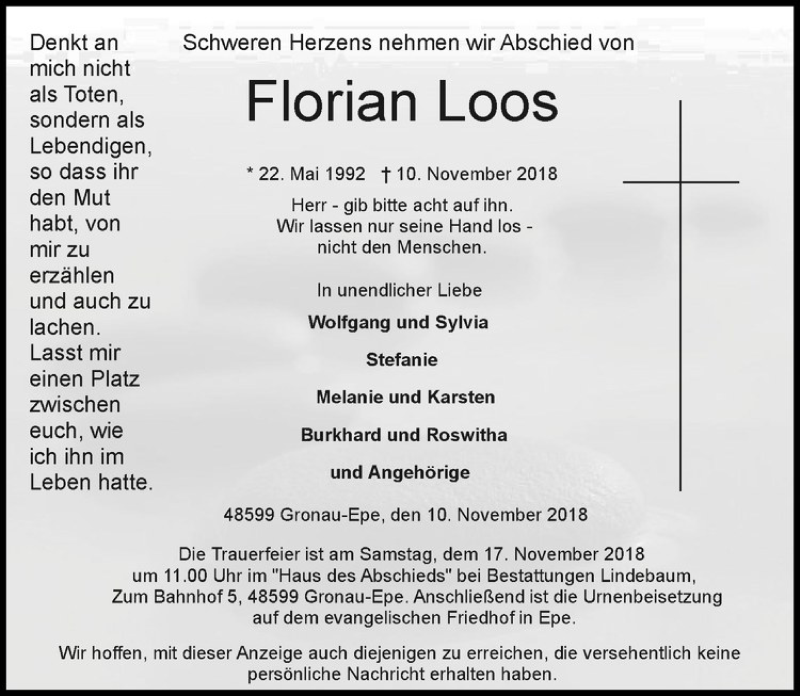  Traueranzeige für Florian Loos vom 14.11.2018 aus Westfälische Nachrichten