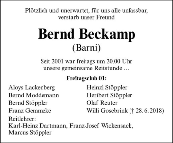 Anzeige von Bernd Beckamp von Westfälische Nachrichten