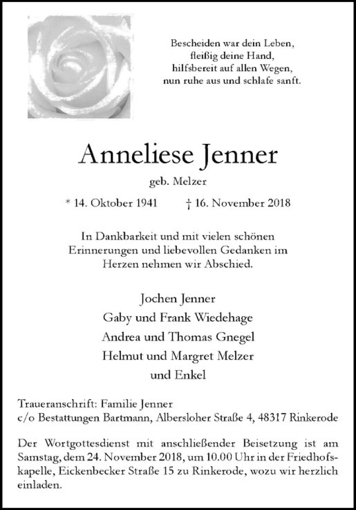  Traueranzeige für Anneliese Jenner vom 21.11.2018 aus Westfälische Nachrichten