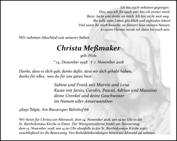 Anzeige von Christa Meßmaker von Westfälische Nachrichten