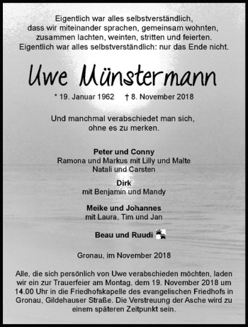 Anzeige von Uwe Münstermann von Westfälische Nachrichten