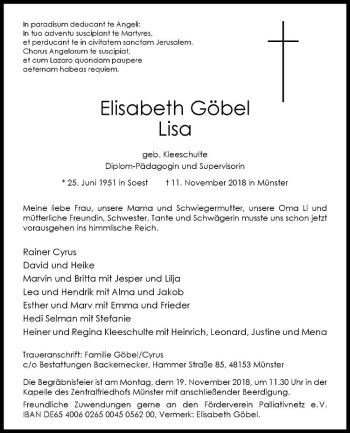 Anzeige von Elisabeth Göbel von Westfälische Nachrichten