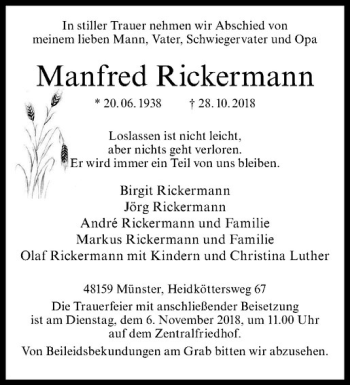 Anzeige von Manfred Rickermann von Westfälische Nachrichten