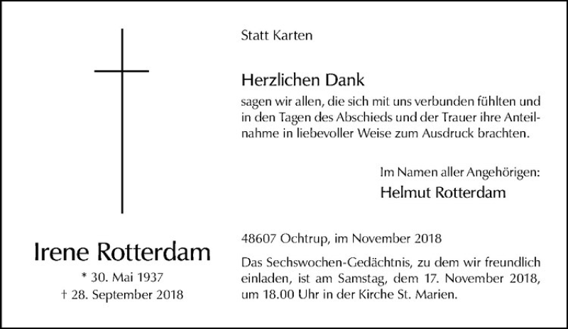  Traueranzeige für Irene Rotterdam vom 14.11.2018 aus Westfälische Nachrichten