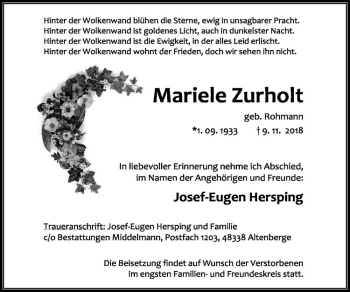 Anzeige von Mariele Zurholt von Westfälische Nachrichten