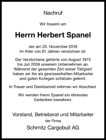 Anzeige von Herbert Spanel von Westfälische Nachrichten