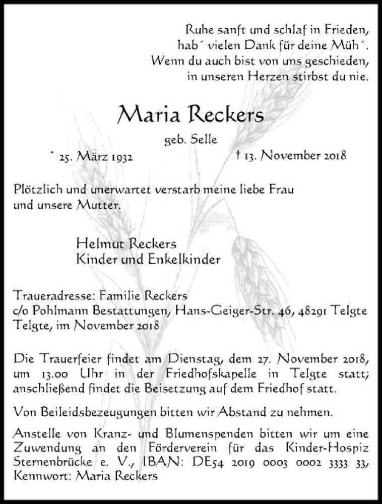  Traueranzeige für Maria Reckers vom 24.11.2018 aus Westfälische Nachrichten