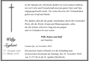 Anzeige von Willy Segbert von Westfälische Nachrichten