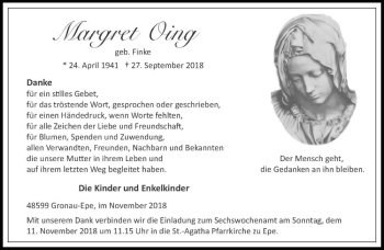 Anzeige von Margret Oing von Westfälische Nachrichten