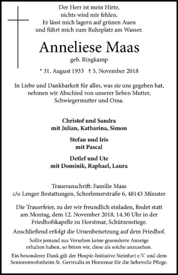Anzeige von Anneliese Maas von Westfälische Nachrichten