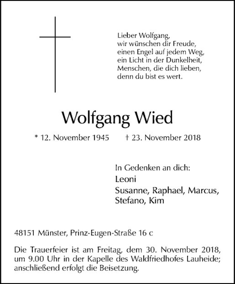  Traueranzeige für Wolfgang Wied vom 28.11.2018 aus Westfälische Nachrichten