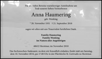 Anzeige von Anna Haumering von Westfälische Nachrichten