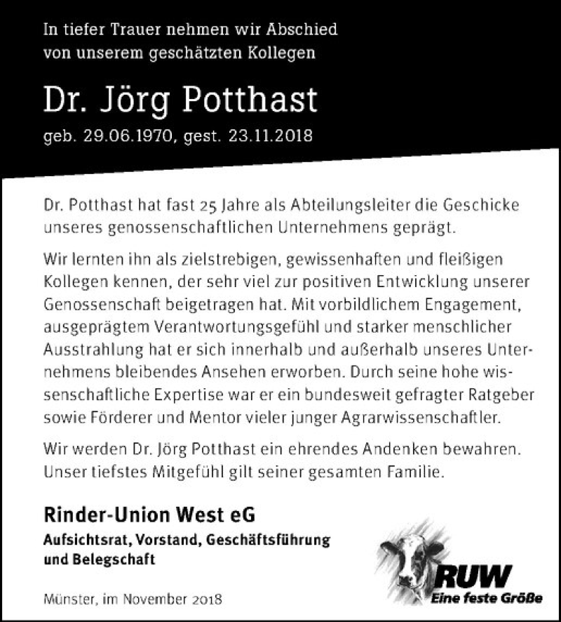  Traueranzeige für Jörg Potthast vom 27.11.2018 aus Westfälische Nachrichten