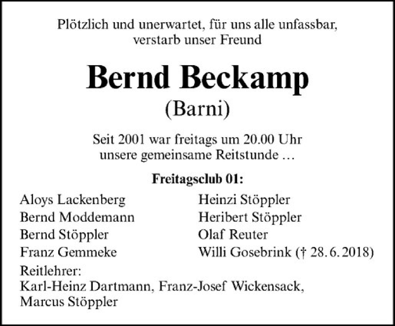  Traueranzeige für Bernd Beckamp vom 14.11.2018 aus Westfälische Nachrichten