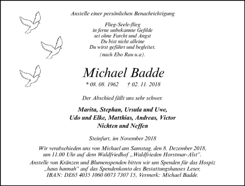  Traueranzeige für Michael Badde vom 10.11.2018 aus Westfälische Nachrichten