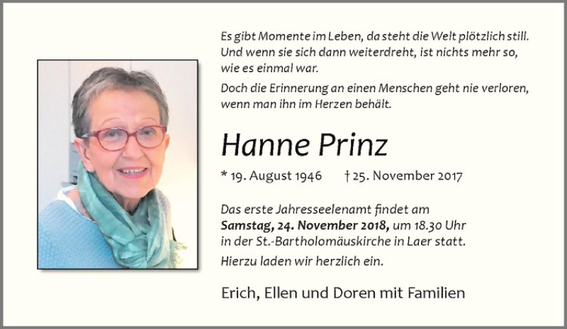  Traueranzeige für Hanne Prinz vom 17.11.2018 aus Westfälische Nachrichten