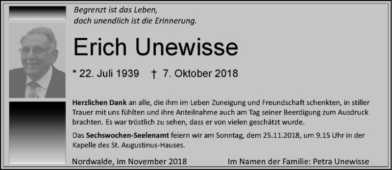  Traueranzeige für Erich Unewisse vom 21.11.2018 aus Westfälische Nachrichten