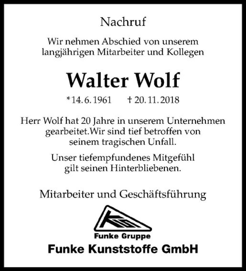  Traueranzeige für Walter Wolf vom 24.11.2018 aus Westfälische Nachrichten