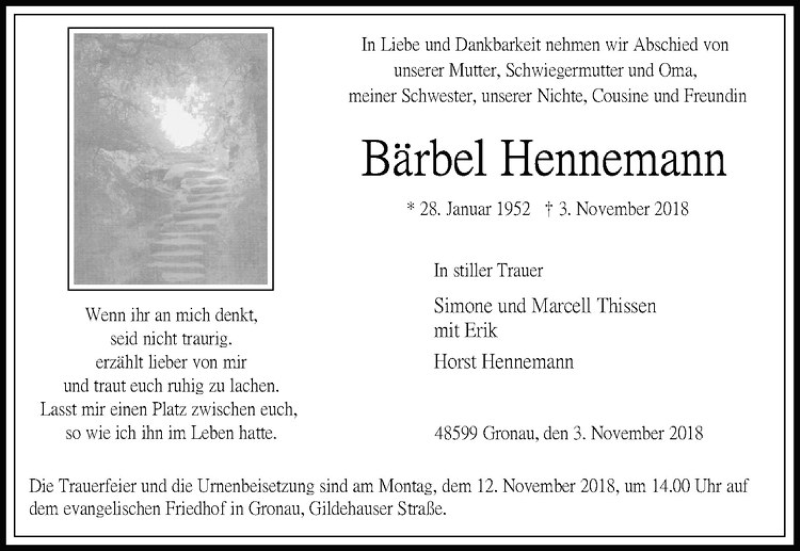  Traueranzeige für Bärbel Hennemann vom 07.11.2018 aus Westfälische Nachrichten
