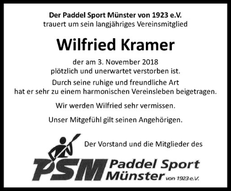 Traueranzeige für Wilfried Kramer vom 14.11.2018 aus Westfälische Nachrichten