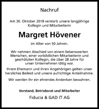 Anzeige von Margret Hövener von Westfälische Nachrichten