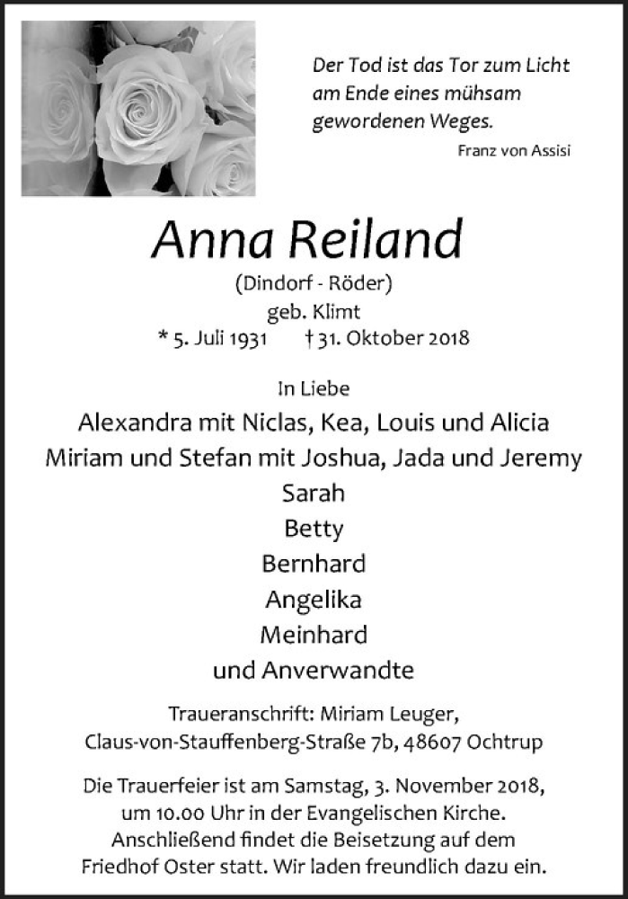  Traueranzeige für Anna Reiland vom 01.11.2018 aus Westfälische Nachrichten