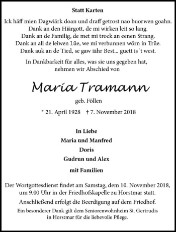 Anzeige von Maria Tramann von Westfälische Nachrichten