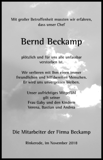 Anzeige von Bernd Beckamp von Westfälische Nachrichten