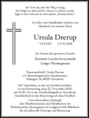 Anzeige von Ursula Drerup von Westfälische Nachrichten