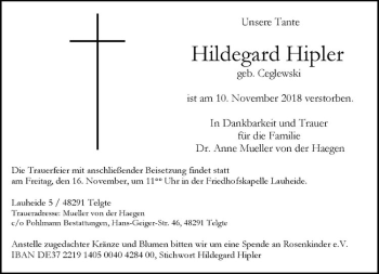 Anzeige von Hildegard Hipler von Westfälische Nachrichten