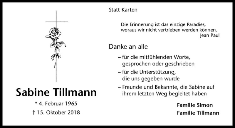  Traueranzeige für Sabine Tillmann vom 17.11.2018 aus Westfälische Nachrichten