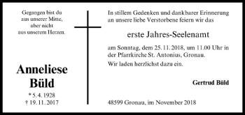 Anzeige von Anneliese Büld von Westfälische Nachrichten