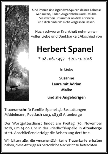 Anzeige von Herbert Spanel von Westfälische Nachrichten