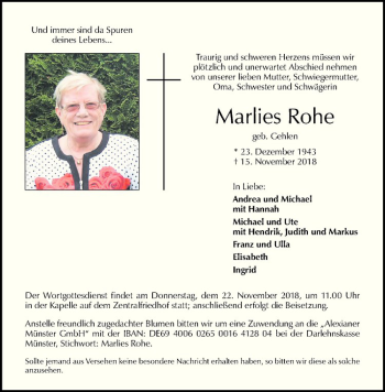 Anzeige von Marlies Rohe von Westfälische Nachrichten