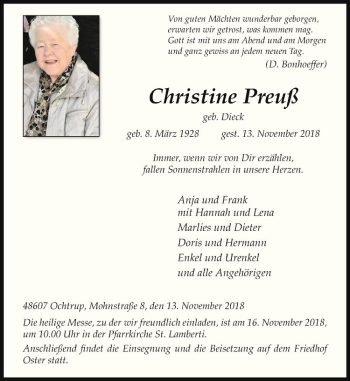 Anzeige von Christine Preuß von Westfälische Nachrichten