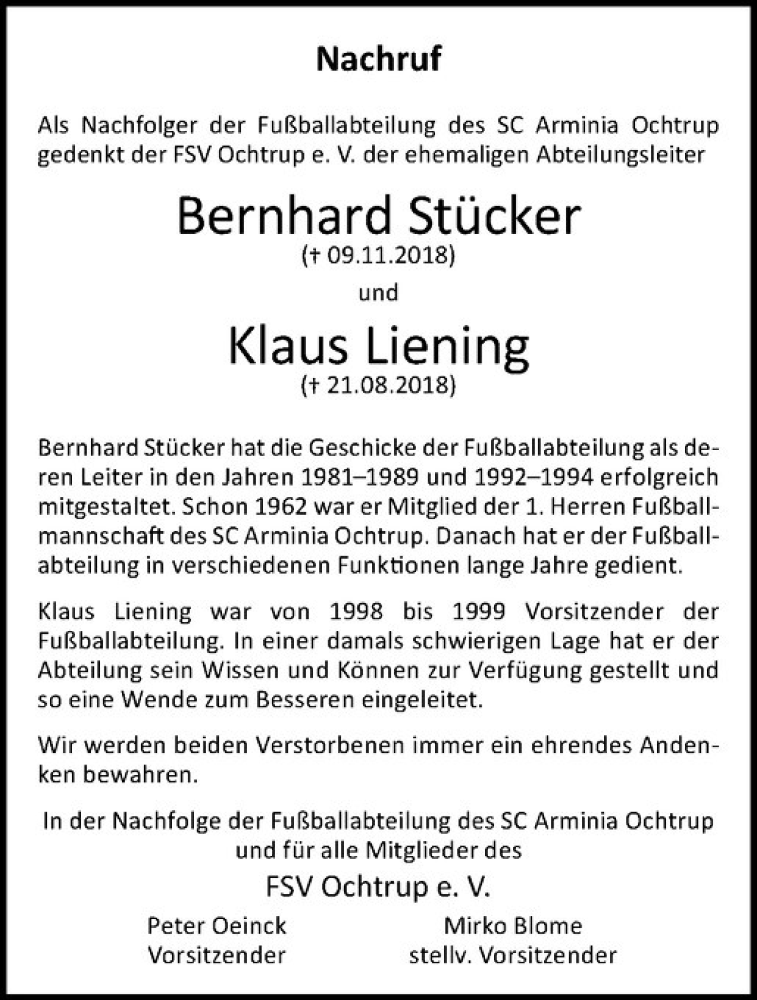  Traueranzeige für Klaus Liening vom 16.11.2018 aus Westfälische Nachrichten