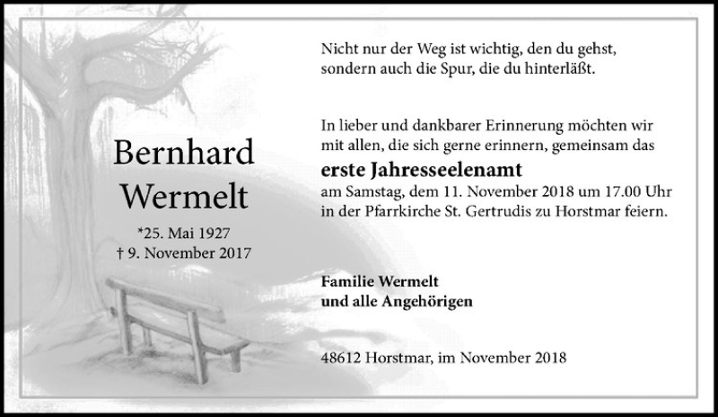  Traueranzeige für Bernhard Wermelt vom 03.11.2018 aus Westfälische Nachrichten