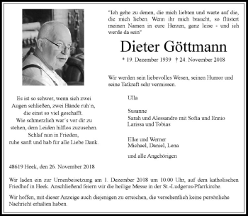 Anzeige von Dieter Göttmann von Westfälische Nachrichten