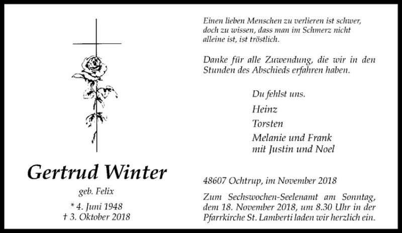  Traueranzeige für Gertrud Winter vom 14.11.2018 aus Westfälische Nachrichten