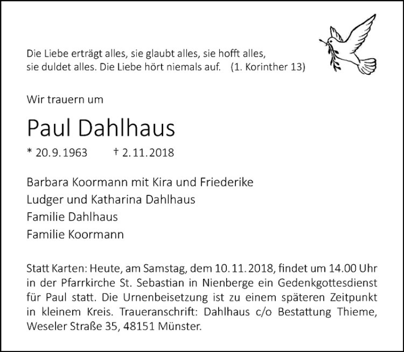  Traueranzeige für Paul Dahlhaus vom 10.11.2018 aus Westfälische Nachrichten
