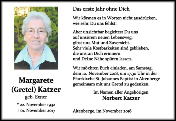 Anzeige von Margarete Katzer von Westfälische Nachrichten